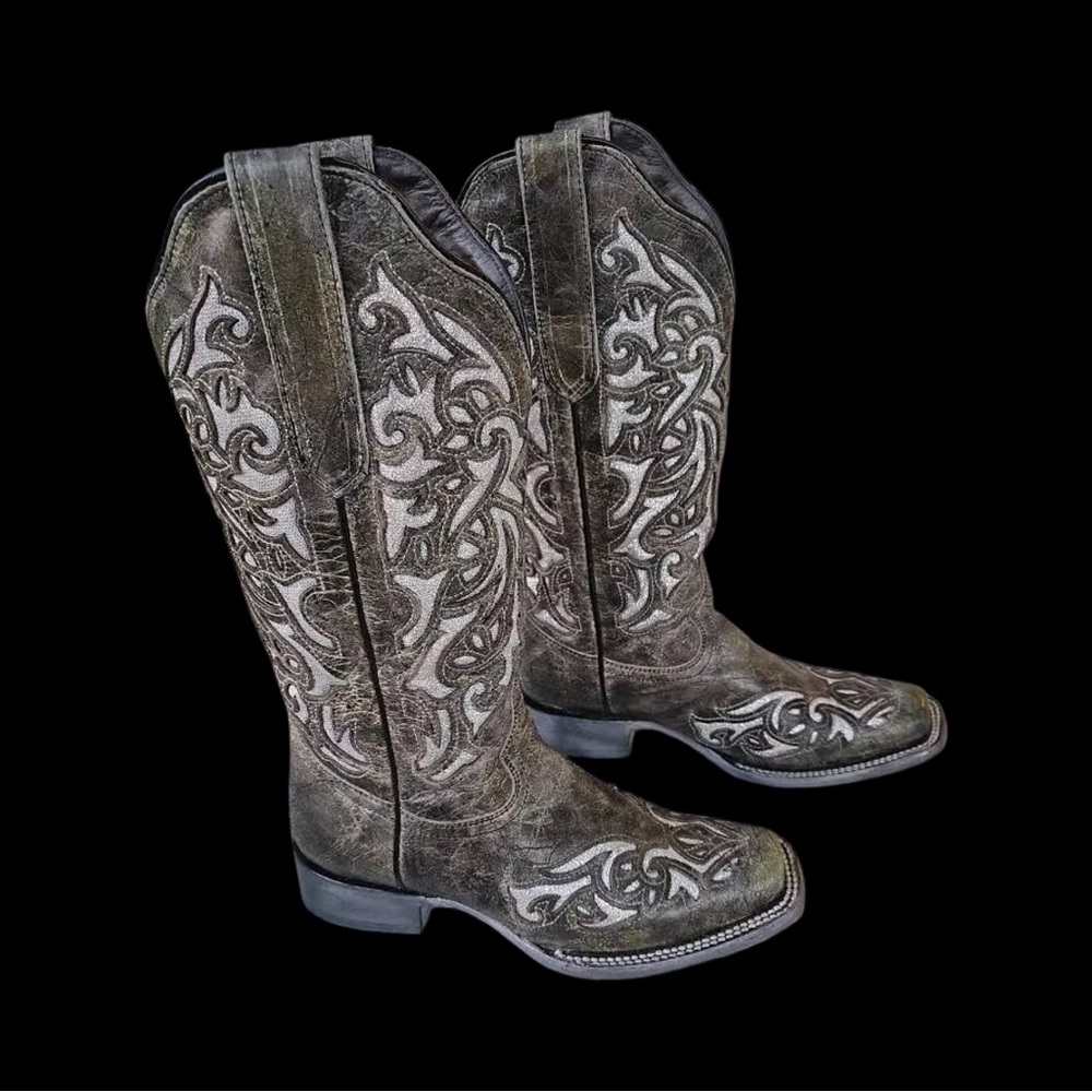 J.B. Dillon Intricate Western Cowboy Boots gray with silver inlay